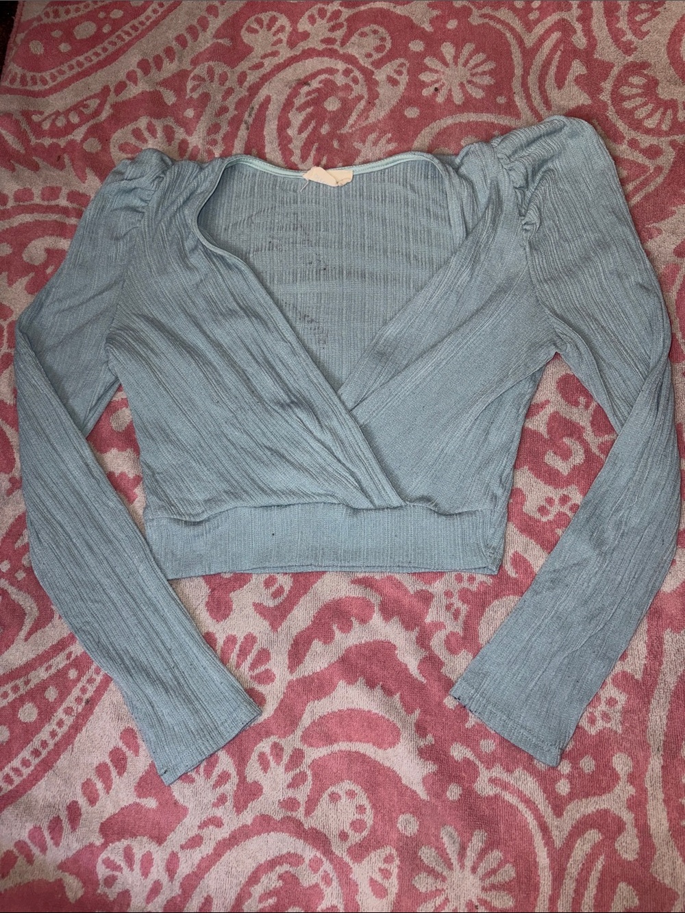 Light Blue Ribbed Wrap Crop Top with Puff Shoulders - Women's